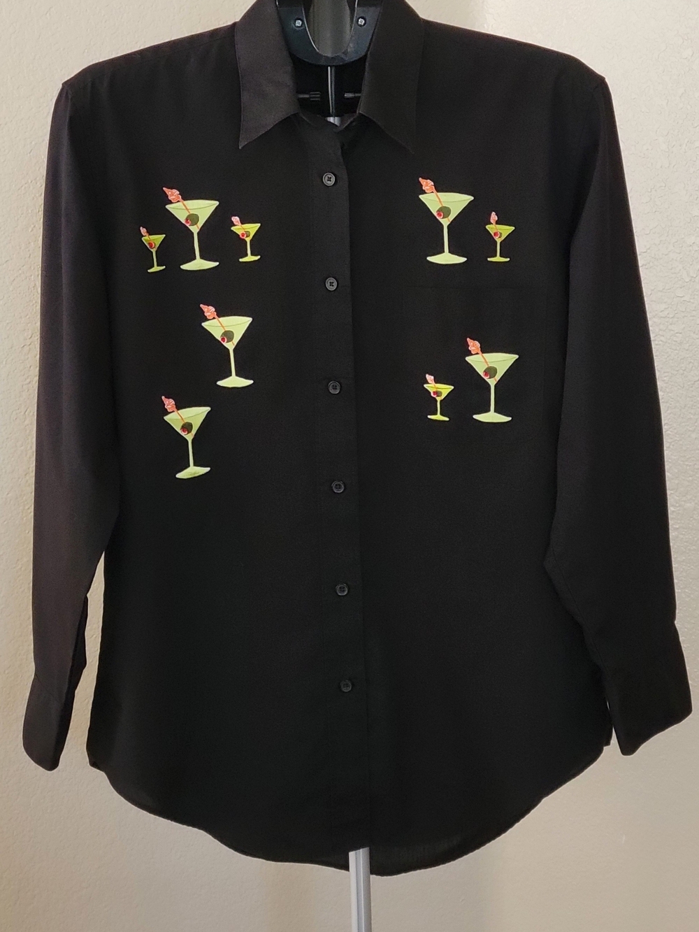 VTG 90s Las Olas Black Martini Glass Embroidered Oversized Button Up Shirt S
